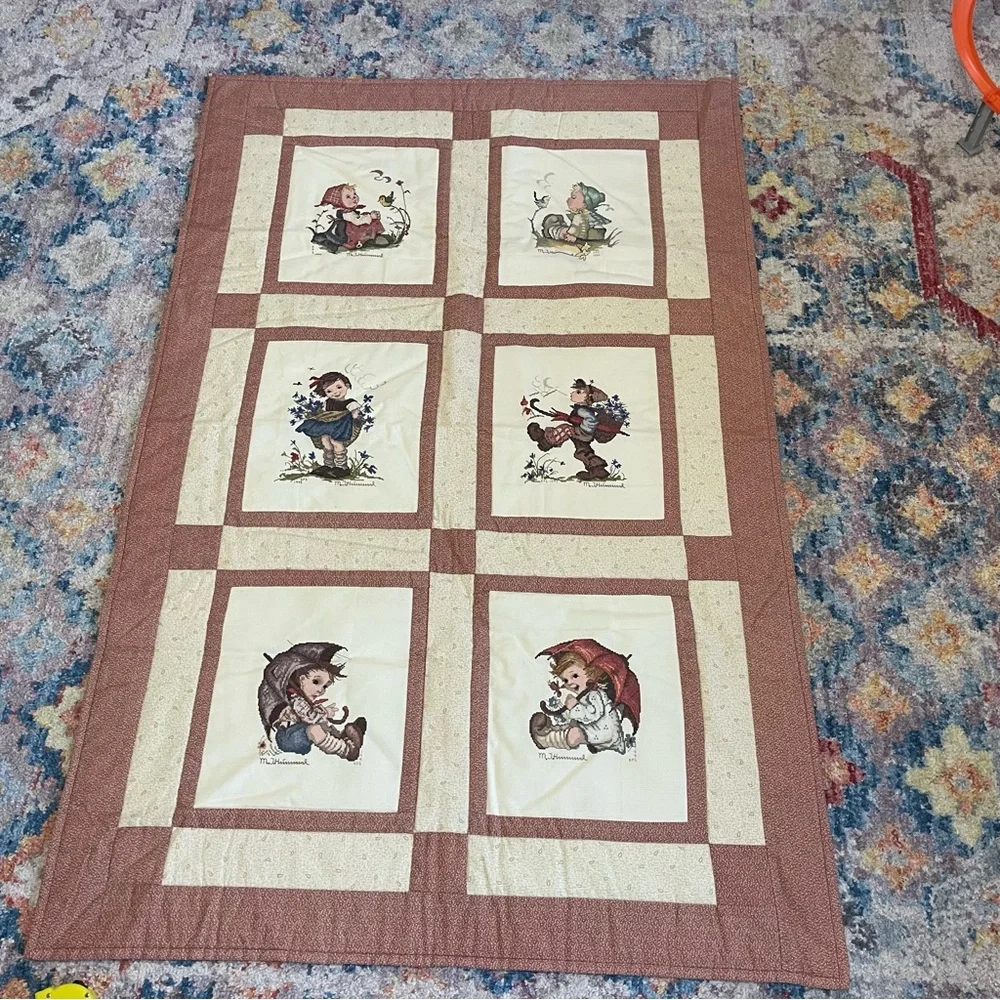 Cute vintage Hummel cross stitch quilt 40” x 61.5” cottagecore rustic grandma